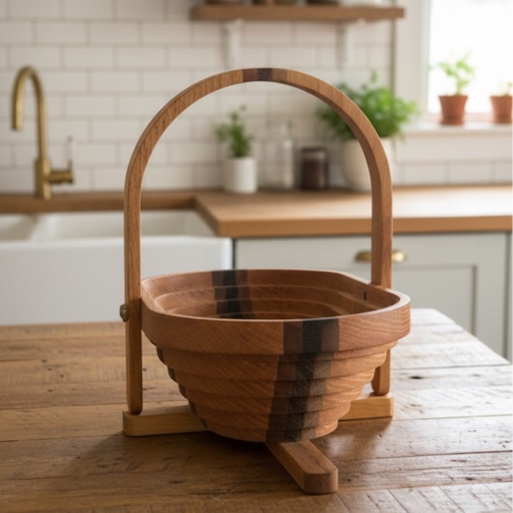 Collapsible Spiral Wood Basket For Fruit And Bread Oak, Red Wood & Walnut 13”X8”